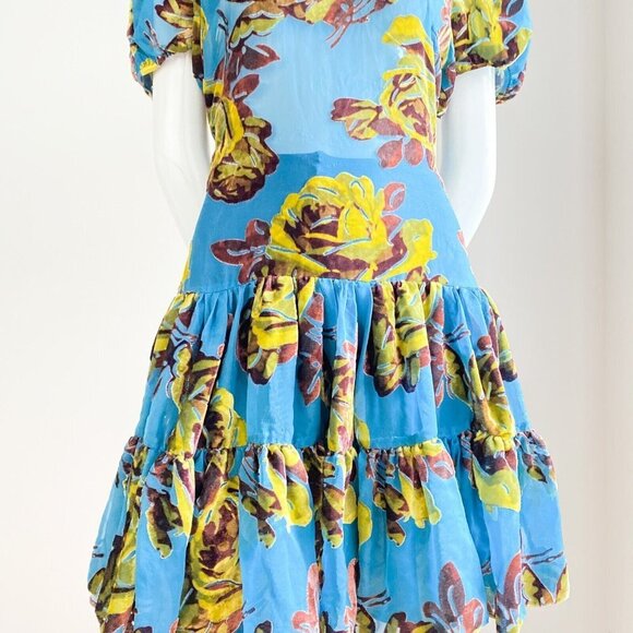 Vintage 00's USA Made Velvet Burnout Floral Ruffle skirt Mini Dress 6 - Picture 5 of 9